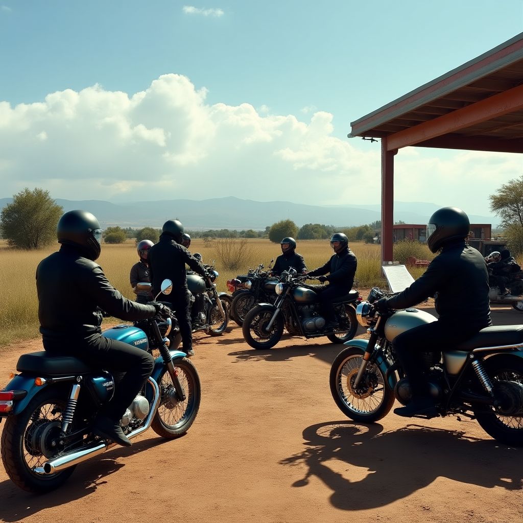Grupo de motociclistas en una estación rural