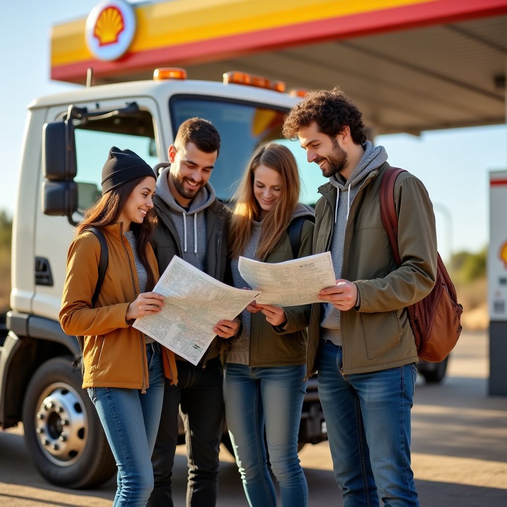 Familia de turistas en una estación de servicio